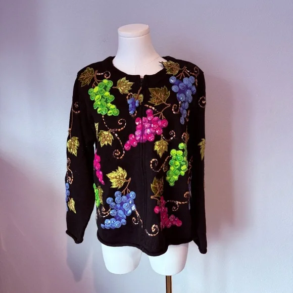 Design Options Philip& Jane Gordon Black Cardigan with Colorful Grape Embroidery - Picture 1 of 8